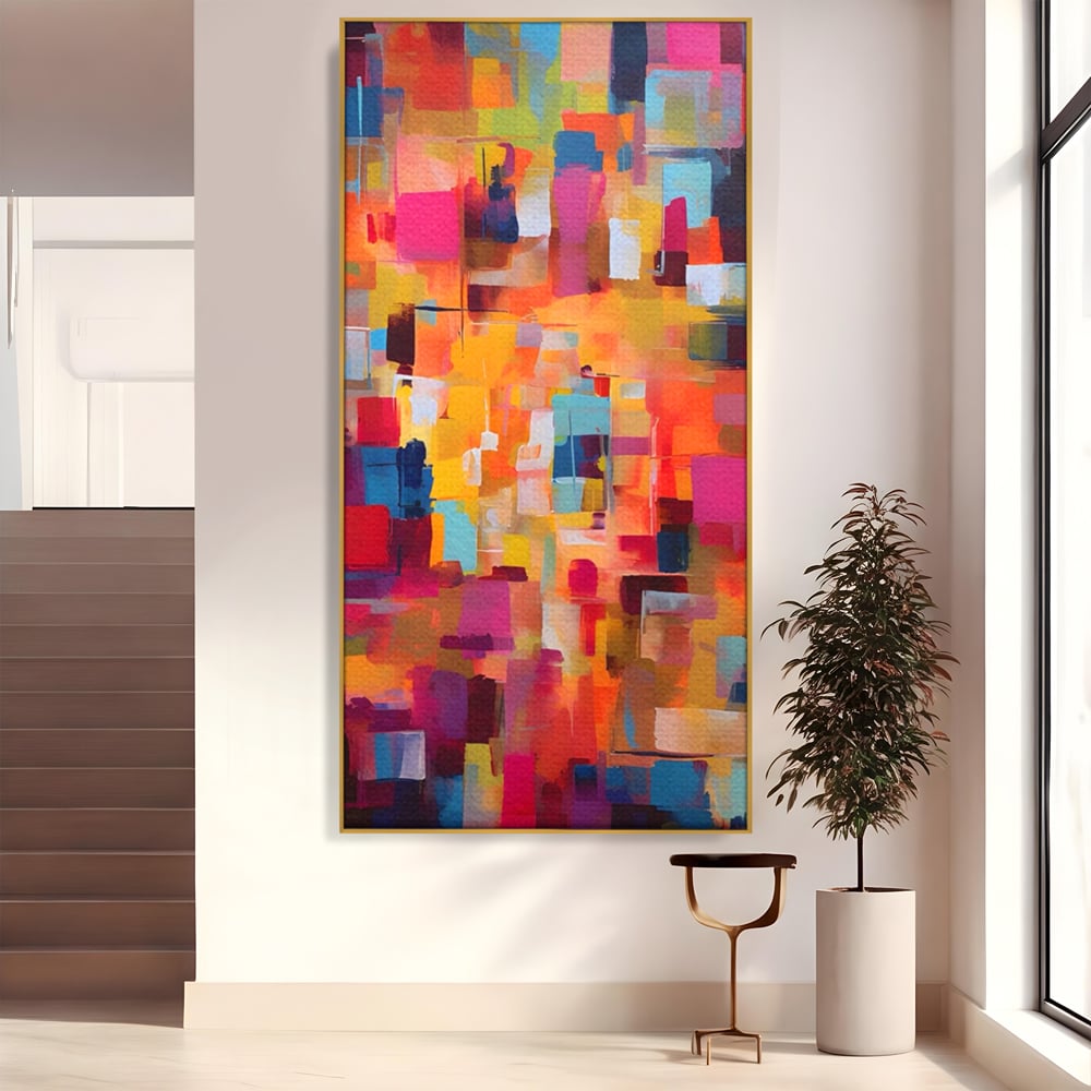 Tablou canvas cu pictura abstracta cu blocuri de culoare, in rama de aluminiu auriu